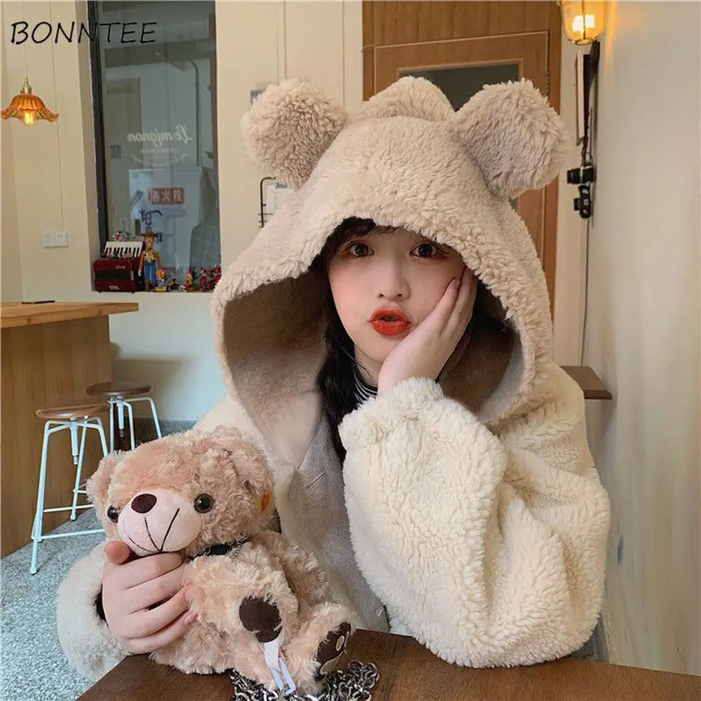 Jackets Women Kawaii Hooded Winter Korean Soft College Single Breasted Girls Outwear Coats Simple Sweet Female Clothing