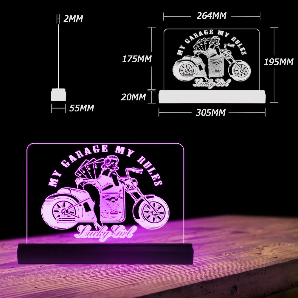 MY GARAGE MY RULES Acrylic LED Light Garage Decor Pin Up Girl With Motorcycle Personalized 3D Night Lamp Motorcyclist Present