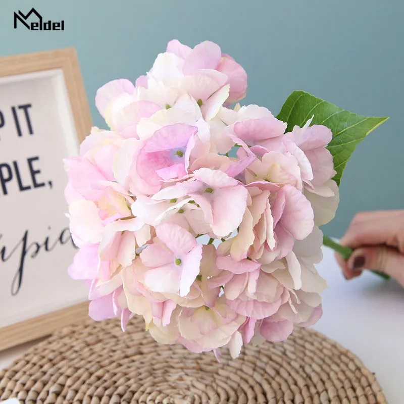 Meldel Fake Hydrangea Flower Bouquet Single Branch Hydrangea Artificial Silk Flower Bridal Wedding Flowers Home Party Room Decor