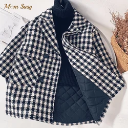 Baby Boy Girl Woolen Plaid Jacket Long Double Breasted Warm Child Lapel Tweed Coat Cotton Padded Baby Outwear Clothes 1-10Y