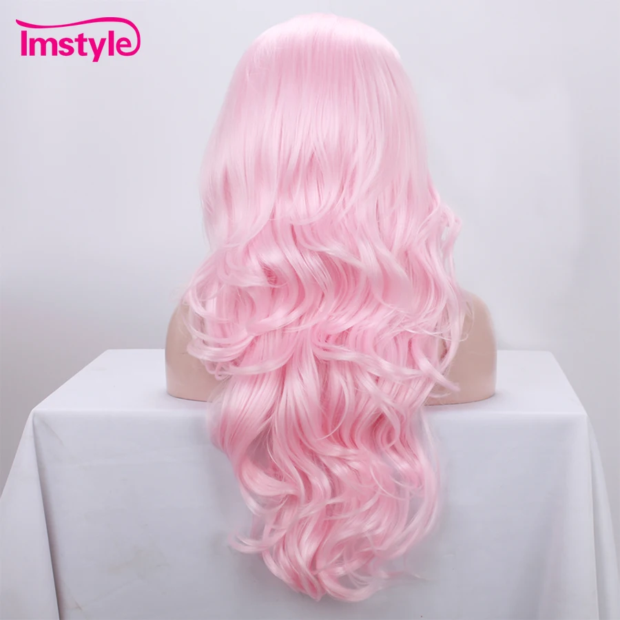 Imstyle Noctilucent Pink Synthetic Lace Front Wig Luminous Hair Wigs Natural Long Wavy Wig Party Wigs For Women