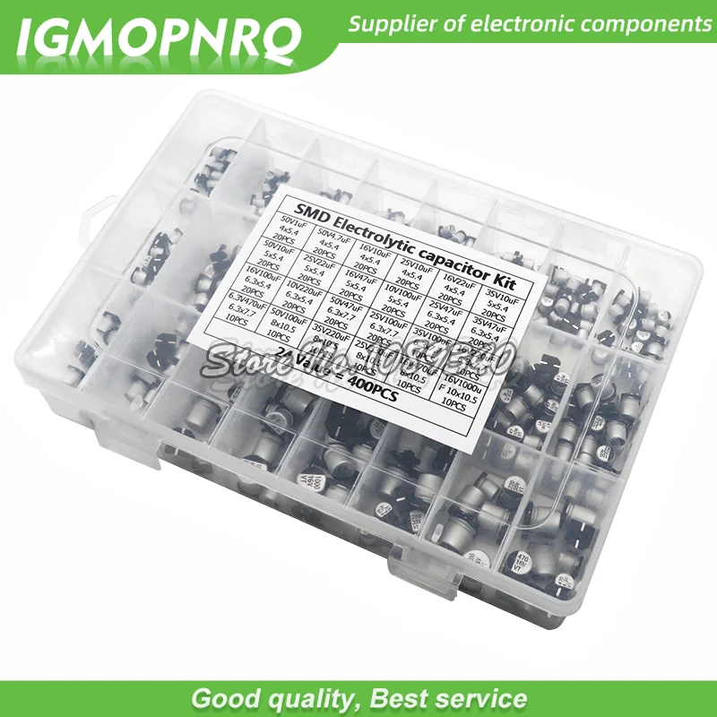 

1uF~1000uF 6.3V-50V 400PCS 24Value SMD Aluminum Electrolytic Capacitors Assortment Kit + Box igmopnrq