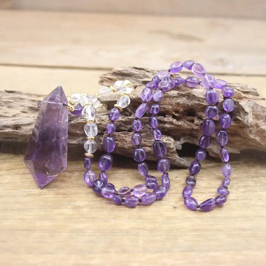 Raw Purple Quartz Crystal Bead Knotted Handmade Necklace Faceted Amethysts Double Point Pendant Yoga Mala Prayer Jewelry,QC0145