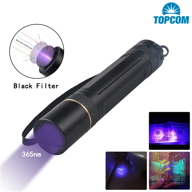 Topcom Pocket 5W LED UV Light Ultra 365nm UV Flashlight Black Light Ultraviolet Lantern With Black Filter Lens Pet Urine Detect