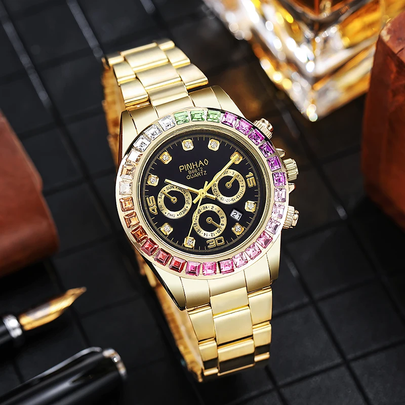 2021 New Arrival Men Quartz Watches Women Wristwatch Stainless Steel Calendar Colorful Rhinestone Relogio Feminino Masculino Hot