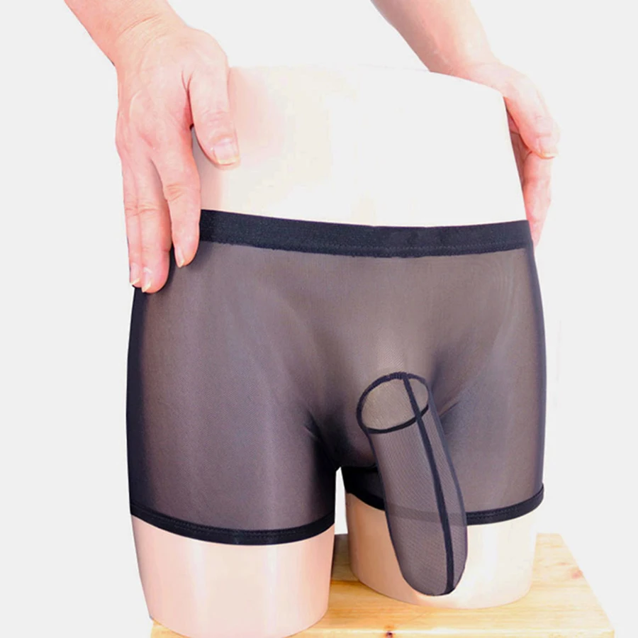 Bóxer de malla transparente para hombre, ropa interior Sexy con bulto de elefante, Color blanco y negro, Gay