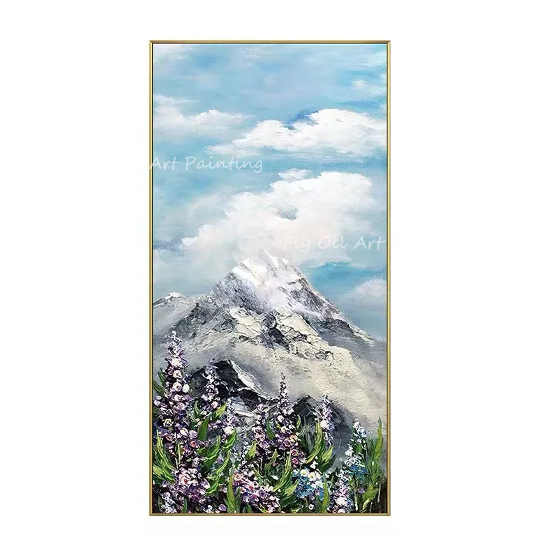 Large Size Mountain White Cloud Flower Artist Handmade High Quality Oil Painting On Canvas Wall Art Picture For Office Decor