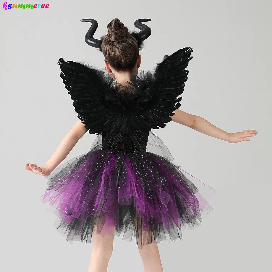 Glittery Black & Purple Kids Evil Witch Tutu Dress Girls Dark Fairy Witch Tutu Halloween Cosplay Costume With Horns and Wings