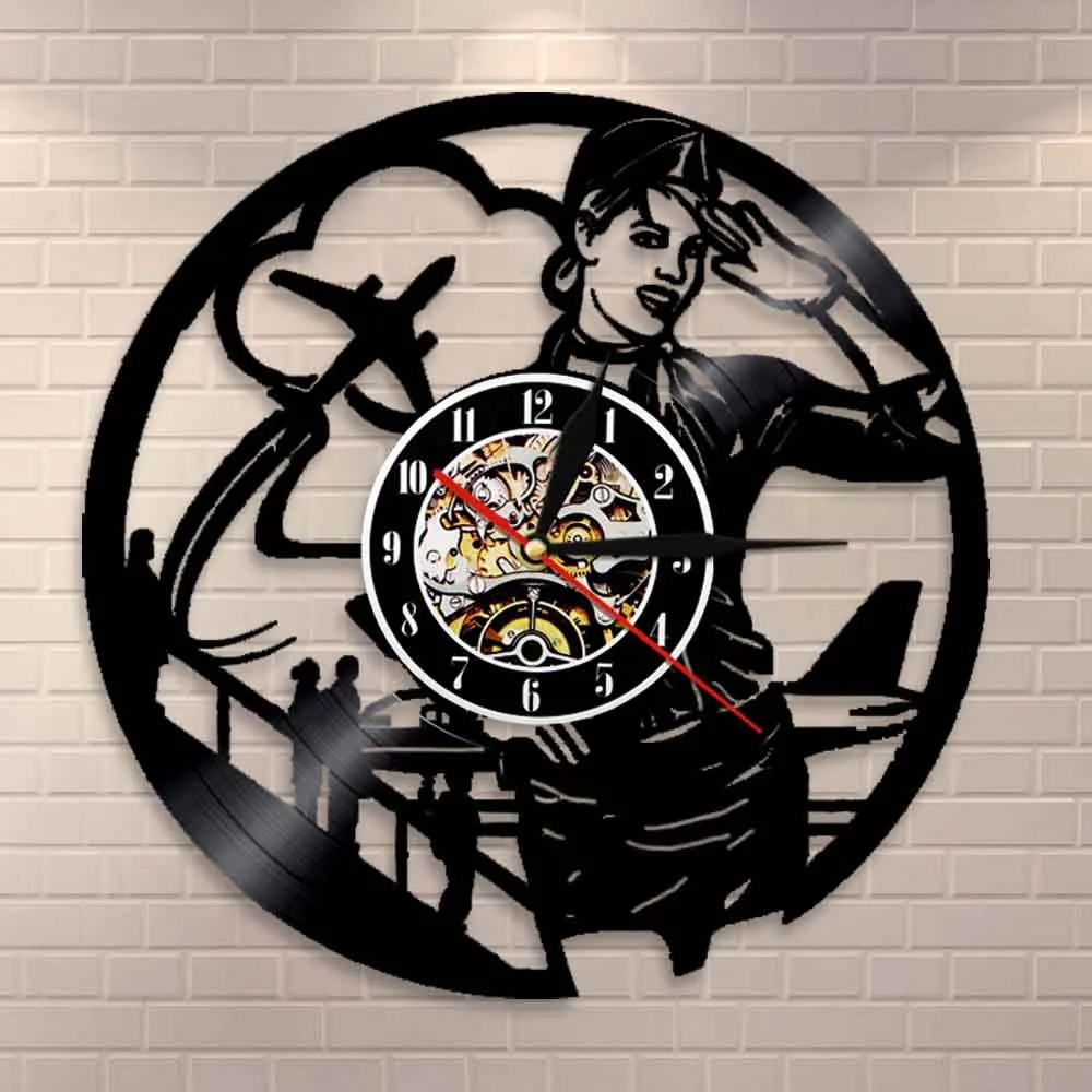 Airline Stewardess Silhouette Wall Clock Modern Design Travel Souvenir Flight Attendant Vinyl Record Wall Clock Watches Decor