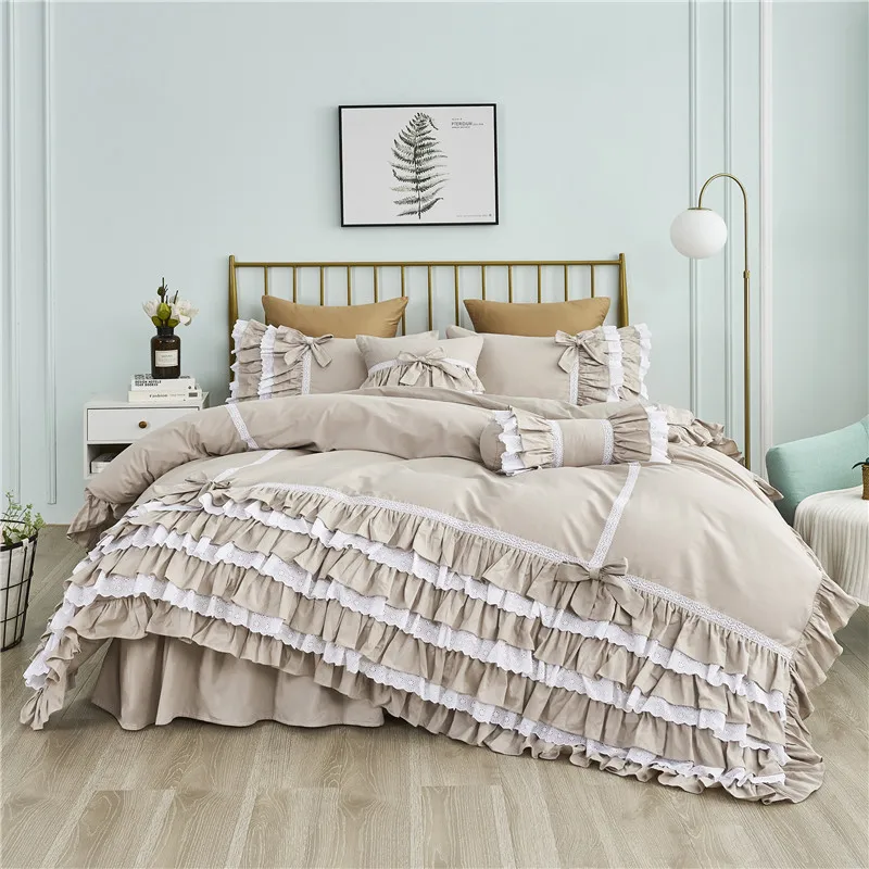 Pure cotton Korean princess ruffles lace cake layers solid color beige gray embroidery skirt-style bedding set