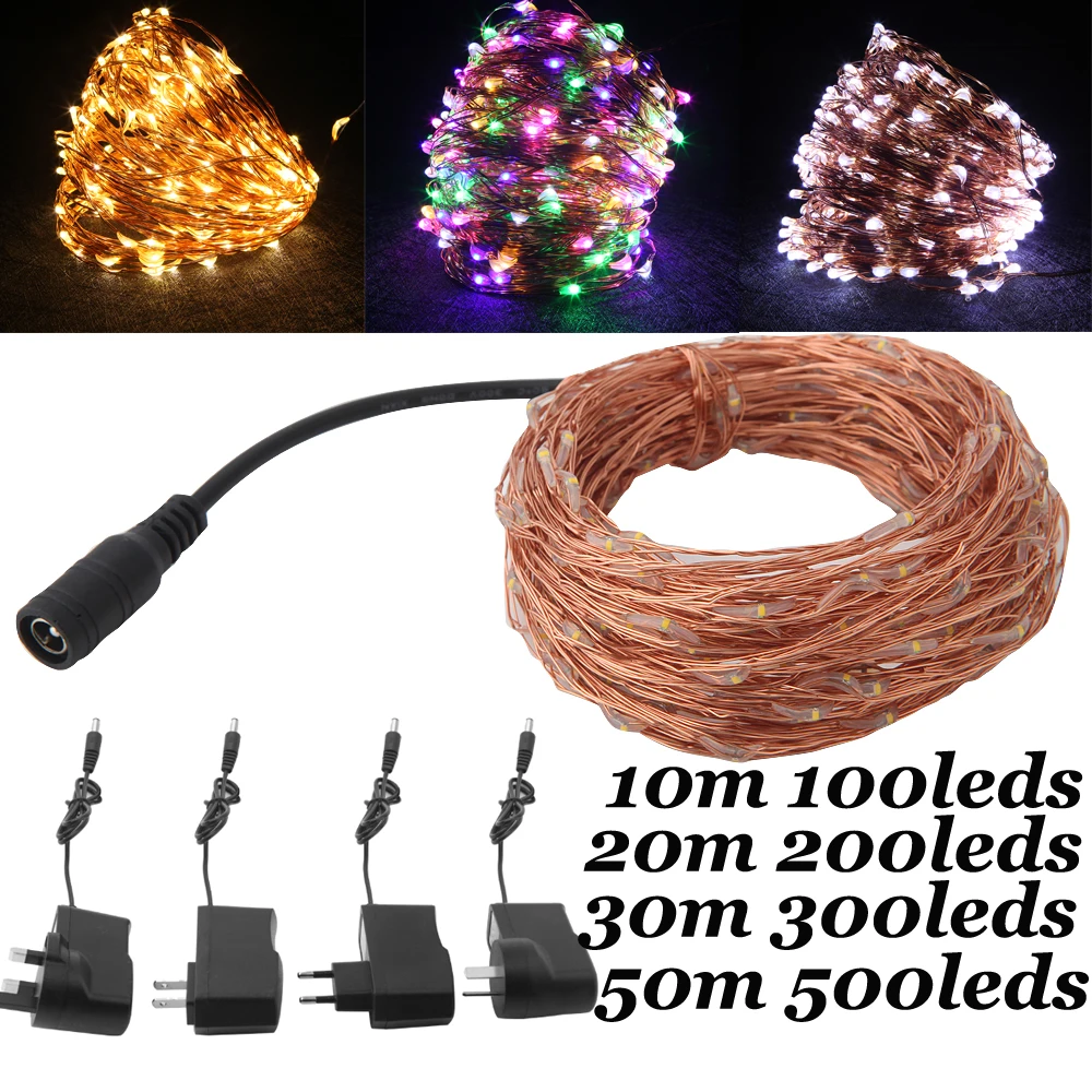 

12V Copper String Lamps With Power Adapter 10m 20m 30m 50m Led Fairy Light For Wedding Party Christmas Home Decoration