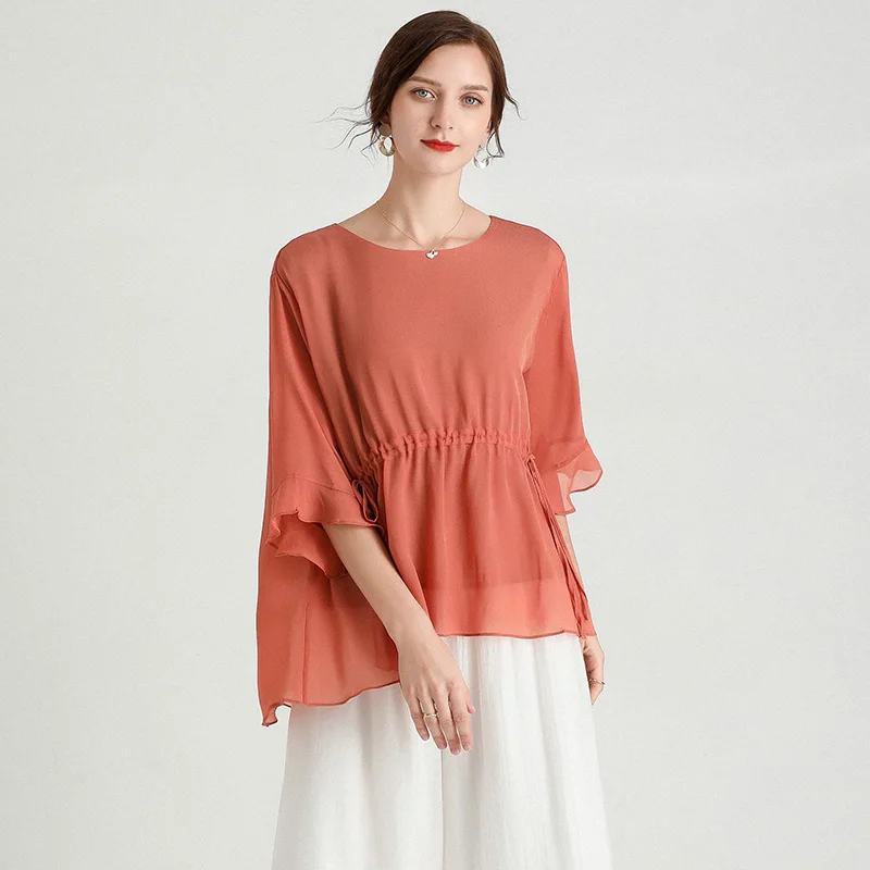 Mulberry Silk Tops for Women, Plus Size, Loose Blouse, Short Sleeve, Round Neck, Summer Fashion, New, Elegant