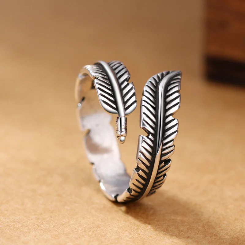 Bijoux Fashion Vintage Silver Color Feather Rings for Women Boho Adjustable Antique Rings Anillos