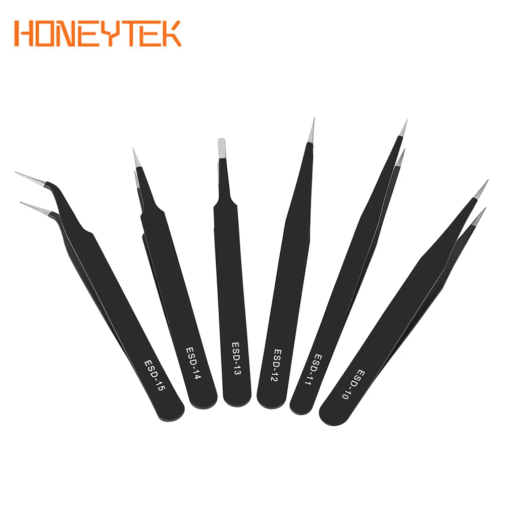 6 Pcs ESD Antistatic Tweezers Tool Set High Tip Curved Straight Tweezer Stainless Multifunction Nipper Repair Tool Kit