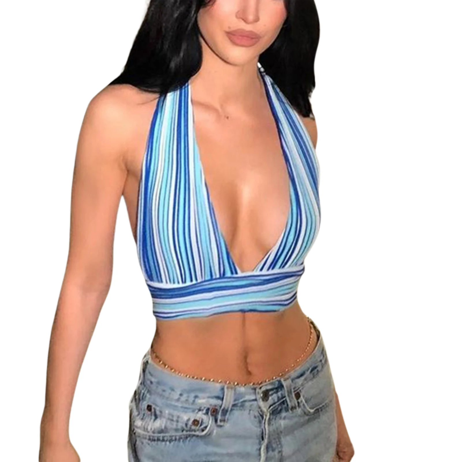 Women Sexy Halter Crop Top, Adults Sleeveless Tie Up Striped V-Neck Tops for Shipping(Pink, Blue)