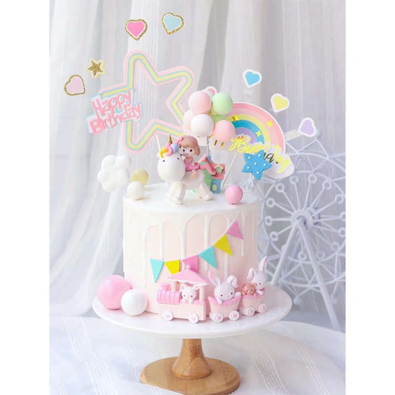 Unicorn Girl Cake Topper Happy Birthday Decoration Rainbow Wedding Cupcake Toppers Baby Shower Party Favors Baking Accessories