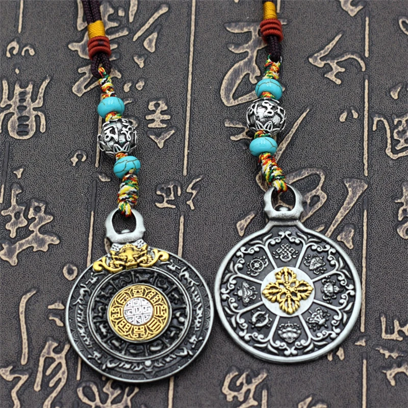 Antique Black Silver Color Eight Trigrams Lanyard KeyChain Tibetan Buddhist Zodiac Woven Rope Pendant Mens Womens Jewelry Gifts