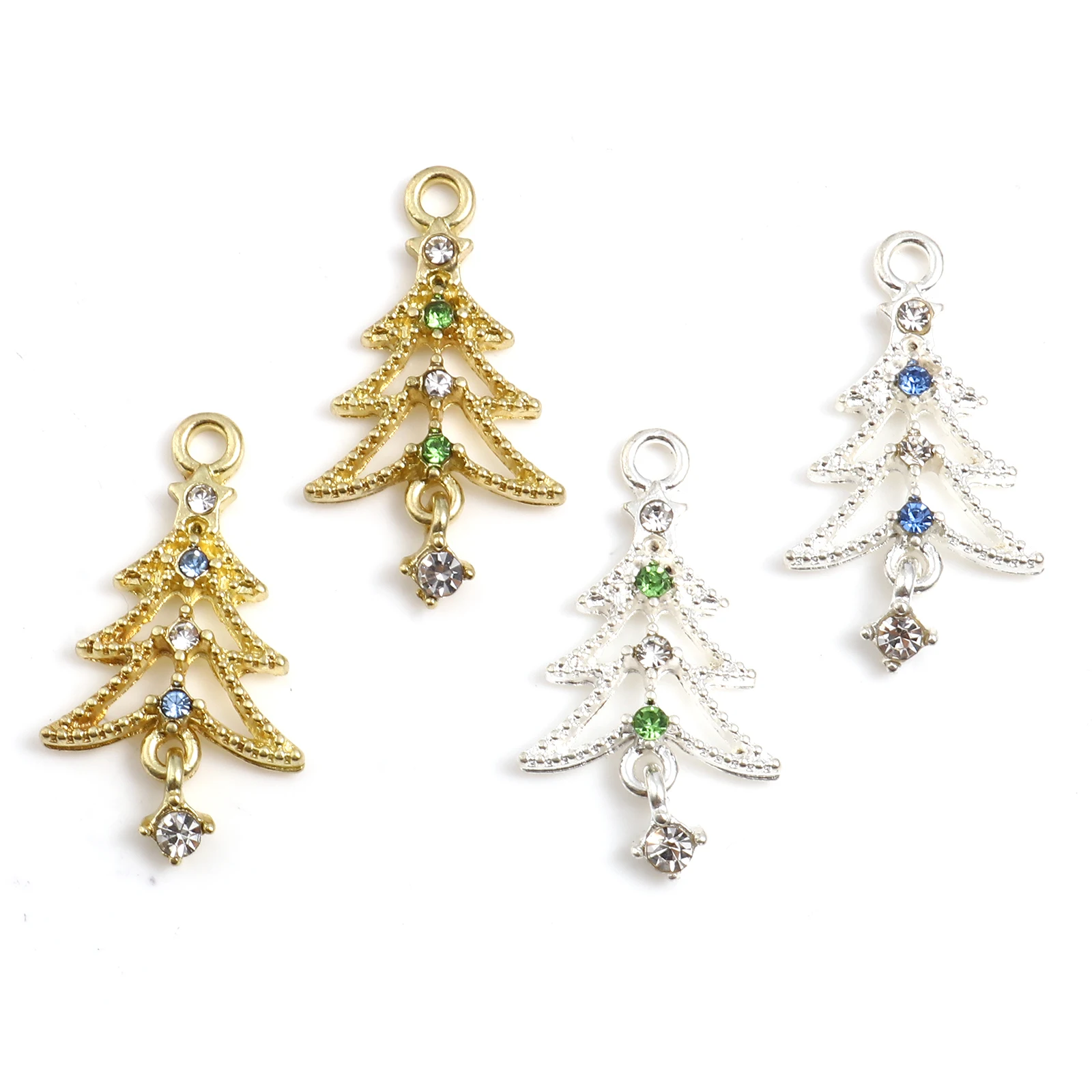 10pcs New Fashion Christmas Tree Charms Multicolor Rhinestone Pendants DIY Making Necklace Earrings Jewelry Findings 27mmx15mm