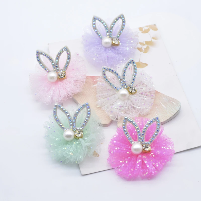 10Pcs 45mm Padded Shiny Sequins Kawaii Rabbit Round Chiffon Applique for DIY Clothes Shoes Hat Headwear Crafts Decor Patches