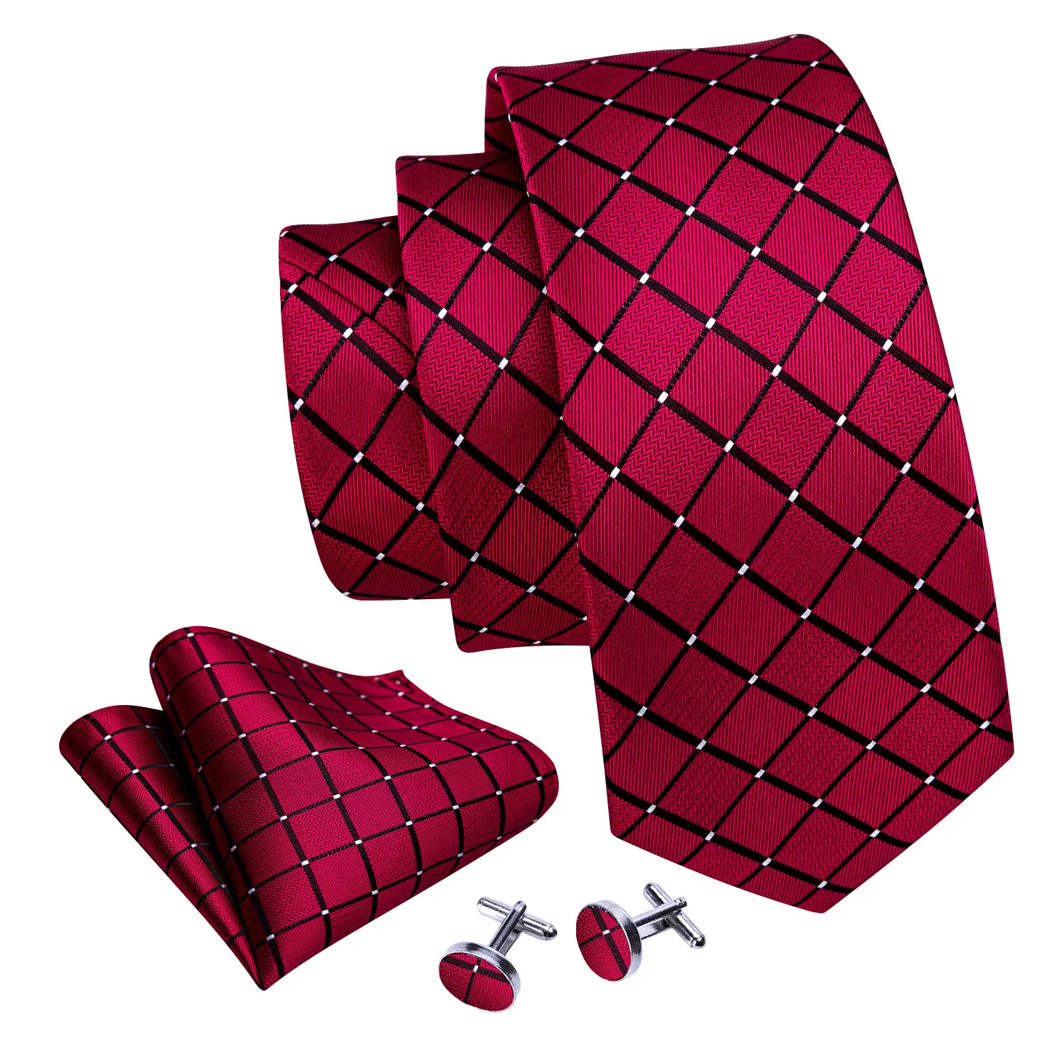 Barry Wang FA-6011 Conjunto de gravatas xadrez vermelho para homens, gravatas Jacquard de seda, lenço de casamento, abotoaduras, moda, 8,5 cm