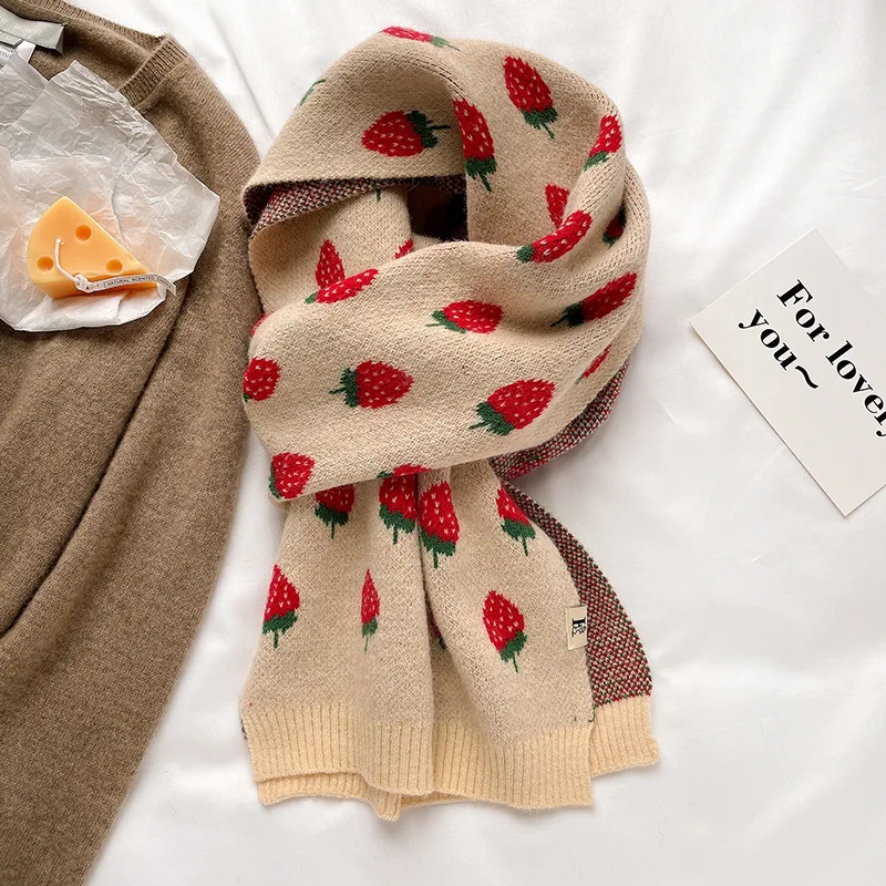 New Woman Autumn And Winter new Korean knitting Strawberry scarf cute student decoration warm long Color grid bib