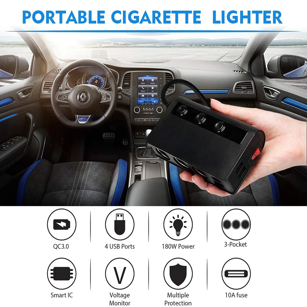 Extractme 180W Cigarette Lighter Splitter Quick Charge 3.0 Car Charger Adapter 12V/24V 4 Port USB Charging Socket For Phone IPad