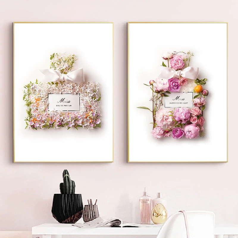 Fashion Blush Pink Perfume Flower Bottle Posters and Prints Luxury Decor Miss Blooming Bouquet Modern Pictures Canvas Painting