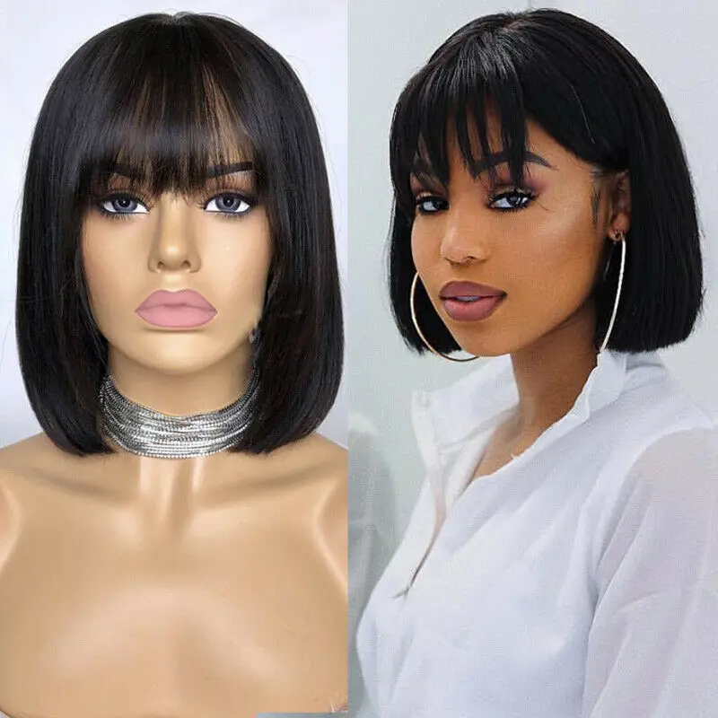 

Short Straight Human Hair Bob Wigs with Bangs Peruvian Remy Human Hair Glueless Full Machine Wig with Fringe Natural Black