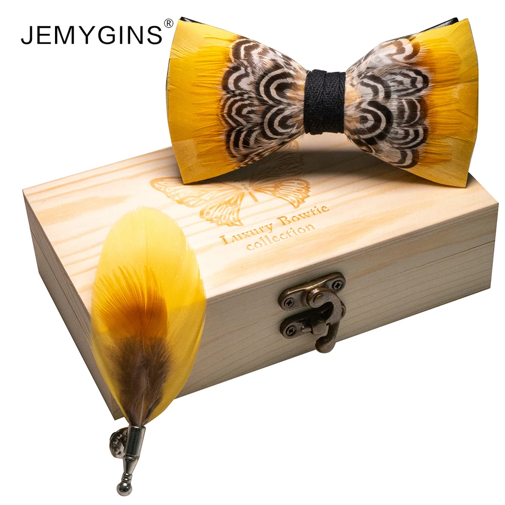 

JEMYGINS Original Design Bow Tie Natural Feather Hand Made Yellow Bowtie Brooch Gift Box Set For Men Wedding Party Bowtie