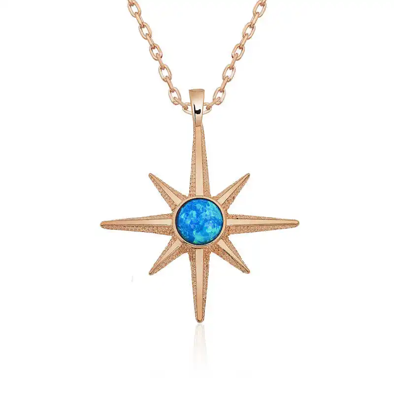 Silver Blue Opal Gemstone Pole Star Necklace 925 Sterling Women Fine Jewelry Wedding Party Birthday Gift - Box - Pendant - Chain Choker - Female - Ladies - Fashion