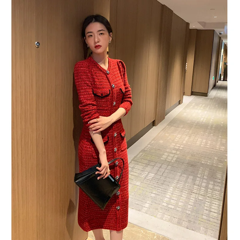 Ladies Red Bottom Small Fragrance Style French Dress 2021 Female Autumn and Winter Waist Was Thin and Temperament Dress