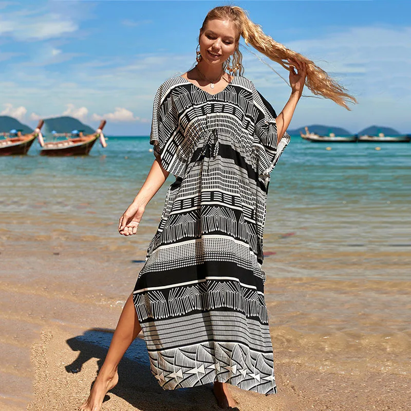 EU Style Rayon Loose Boho print Bikini Cover Up Women Summer Beach Dress Waist Drawstring Sarong Beachwear Robe De Plage