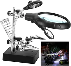 2.5X 7.5X 10X LED Light Helping Hands Magnifier Soldering Station Magnifying Glass Stand with Auxiliary Clamp and Alligator Clip