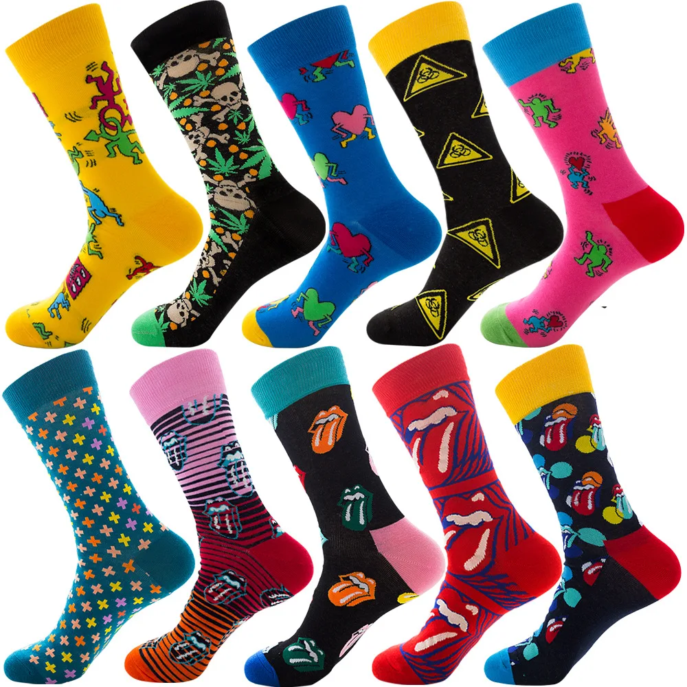 DOIAESKV 10 Pairs/lot Mens Happy Socks Graffiti Animals Sea Food Socks Men Combed Cotton Calcetines Largos Hombre Wholesales