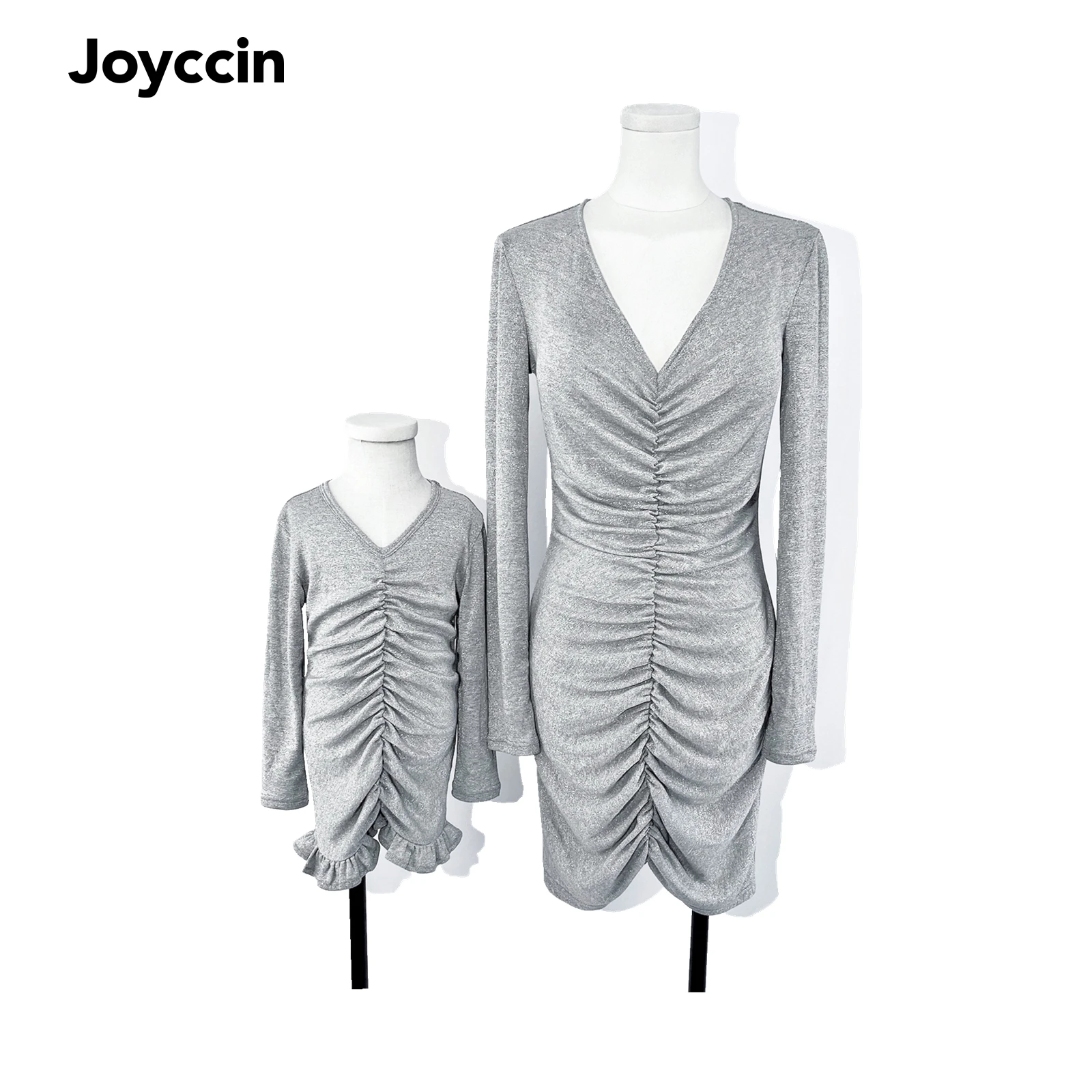 Joyccin Elegant  Ruched Bodycon Dress Mother Kids Deep V Slit Sexy Night Club Party Dress Family Matching Outfits Spring Autumn