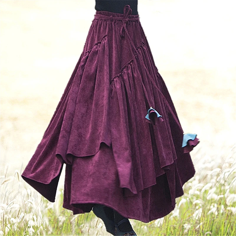 Makuluya Bohemian Vintage Women Long Loose Corduroy Elegant Spliced Prairie Chic Holiday Palace Fashion Long Skirts