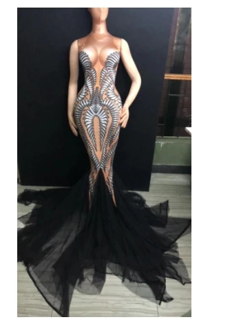 

Sexy Black Mesh Trains Long Dress Performance Stretch Dance Dress Birthday Celebrate Outfit Nightclub Party Singer Costume Dress