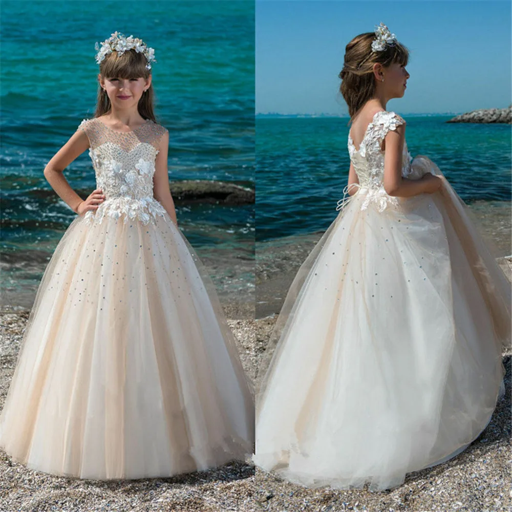 

New Flower Girl Dresses Beading Ball Gowns Lace Appliques Floor Length Flower Girls Princess Elegant Wedding Pageant Dresse