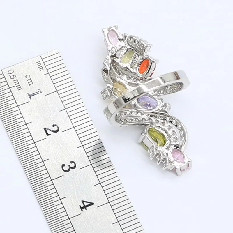 Classic Silver Color Jewelry Sets for Women Multicolor Zircon Necklace Pendant Earrings Ring Bracelet Wedding Gift