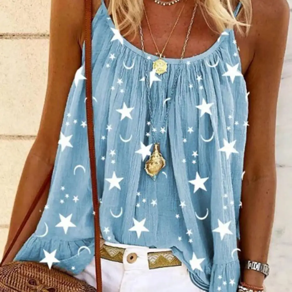 Women Camisole T-shirt Star Moon Print Spaghetti Strap Blouse U-neck Sleeveless Summer Vest Women Tops Oversized T-shirt Blusas