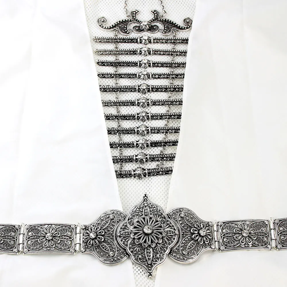 Sunspicems Caucasus Belt Breastplate Sets Chest Link Chain for Women Retro Gold Silver Color Metal Wedding Jewelry Gift