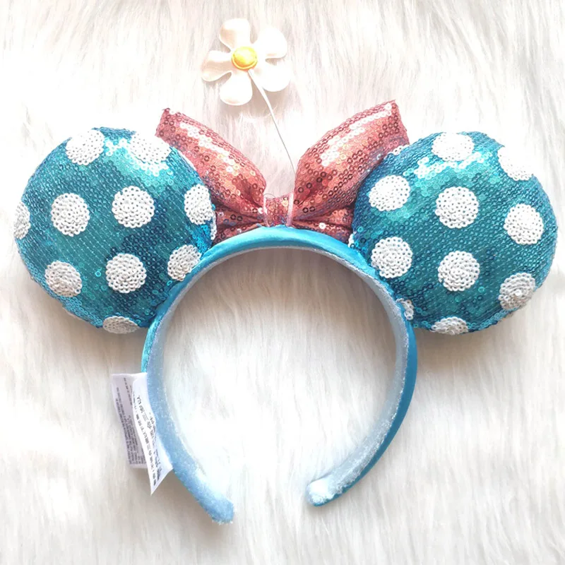 Disney Mickey Mouse Blue Flowers Headband Disneyland Minnie Sequins Ears Plush Headwear Boy Girl Beauty Toys Cosplay Party Gift