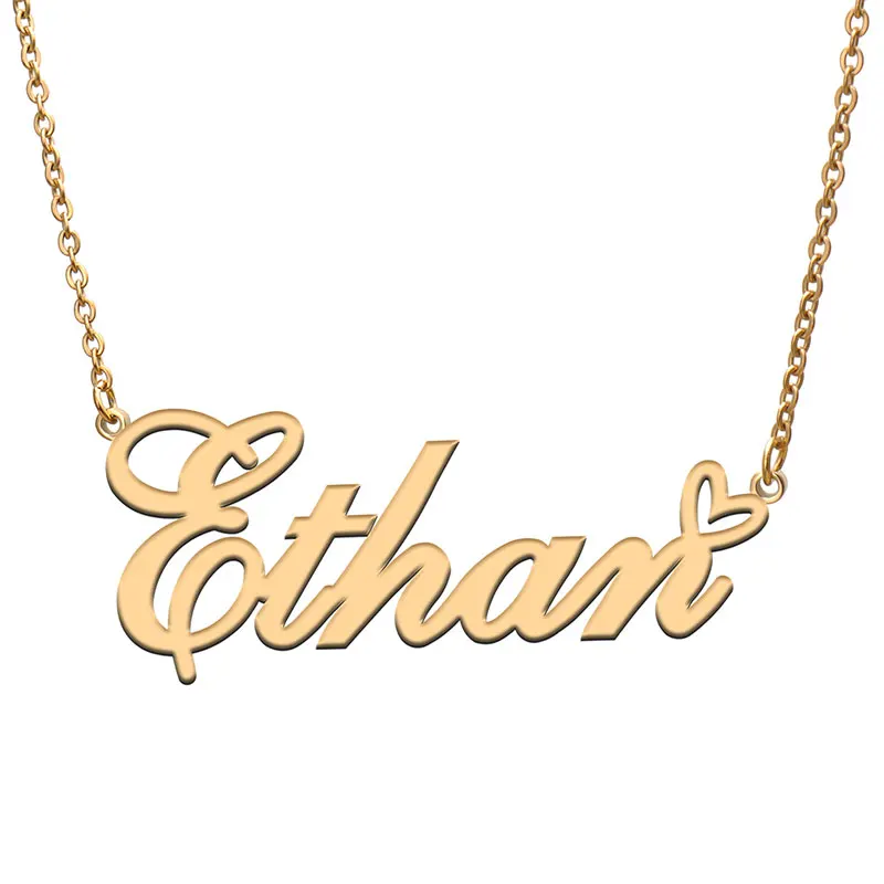 Ethan with Love Heart Name Necklace for Women Stainless Steel Jewelry Nameplate Pendant Femme Mother Child Girls Gift