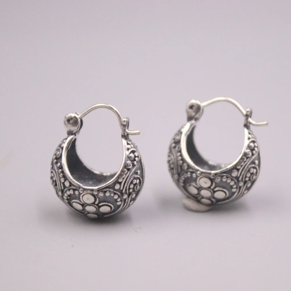 

Genuine Real 925 Sterling Silver Flower-Pattern Hoop Earrings 0.67inch Length