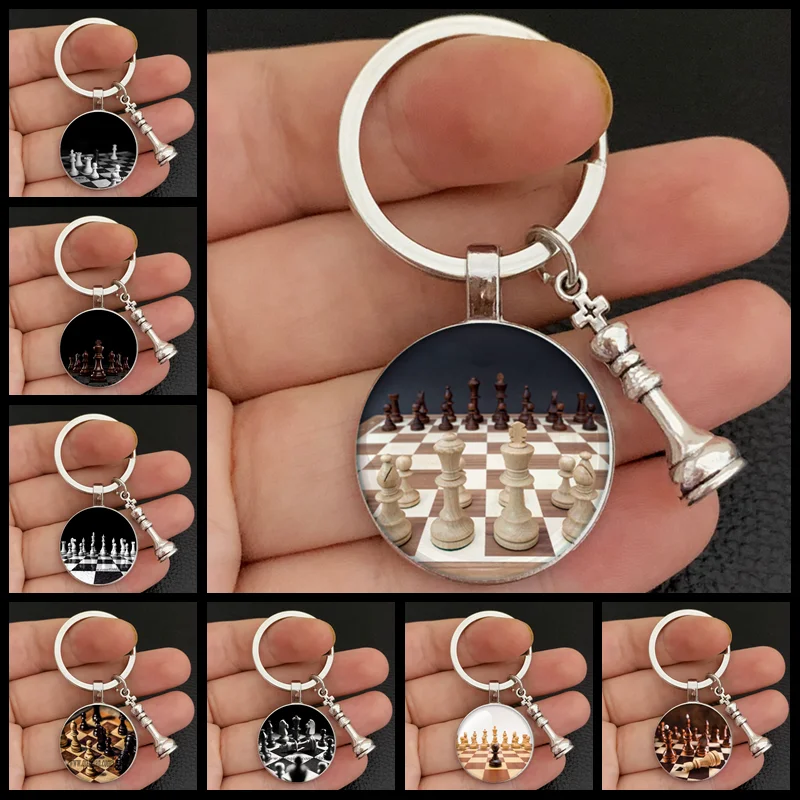 New/Chess Keychain Chessboard Chess Piece Glass Dome Pendant Car Keychain Ring Chess Lovers Gift High Quality Keychain