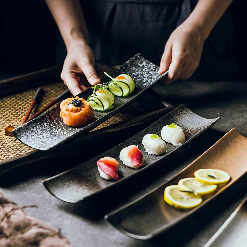 

Japanese sushi rectangular plate, black plate, single length, ,Japanese restaurant tableware