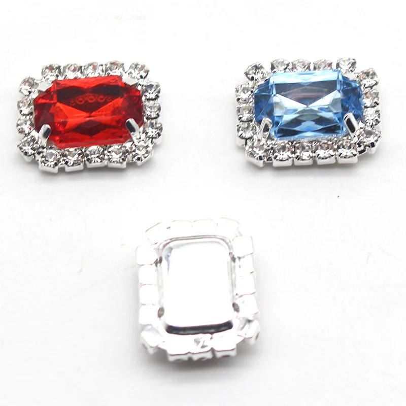 10pcs/lot 15*19mm Rectangular Acrylic Rhinestone Flat Bottom Snap Button Diy Metal Hair Accessories Garment Sewing Silver Bottom