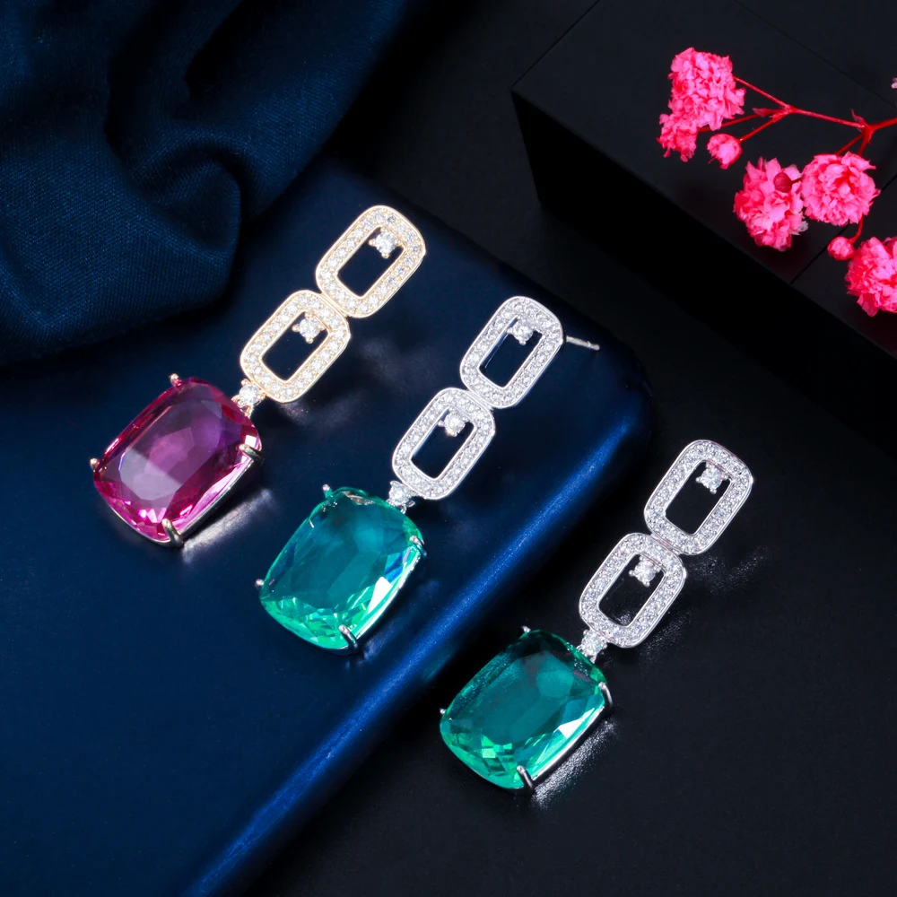 CWWZircons 2022 New Fashion Geometry Square Red Green Cubic Zirconia Crystal Long Dangle Drop Earrings Jewelry Pendientes CZ853