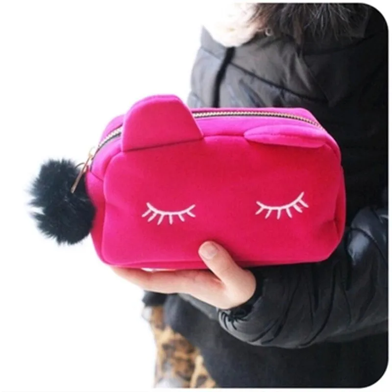 Portable Cartoon Cat Coin Storage Case Travel Makeup Flannel Pouch Make Up Organizer Beautician Cosmetic Bag Toiletry Wash Kits