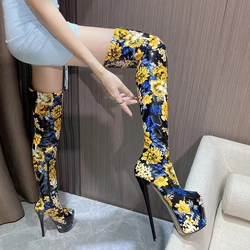 Sexy Flowers 30cm Motorcycle Botas Mujer Over The Knee Long Boots Women's Shoes 20cm Thin Heels Stilettos 22cm Female Punk Pumps